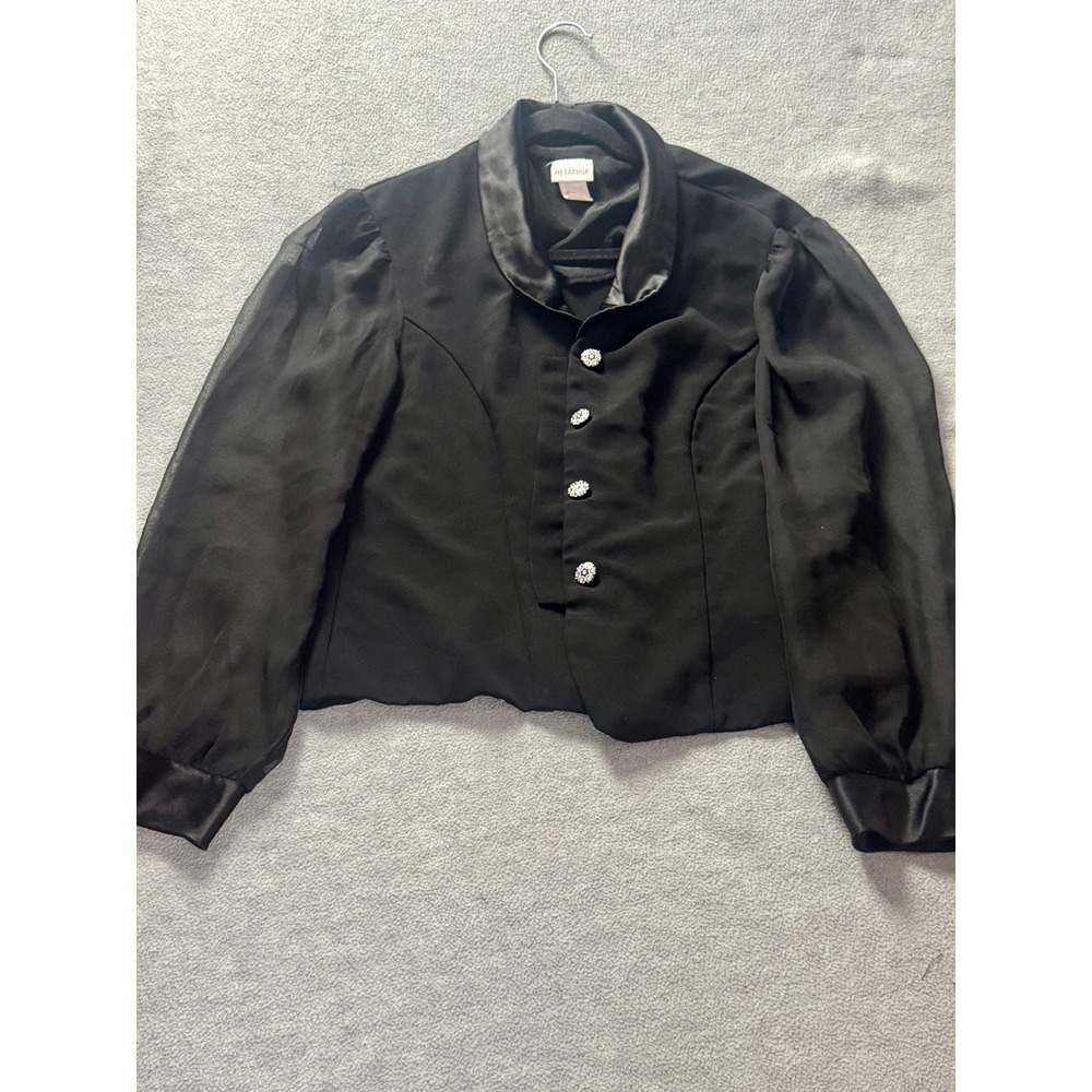 Metaphor Black Sheer Puff Sleeve Satin Trim Rhinestone Button Blouse Top